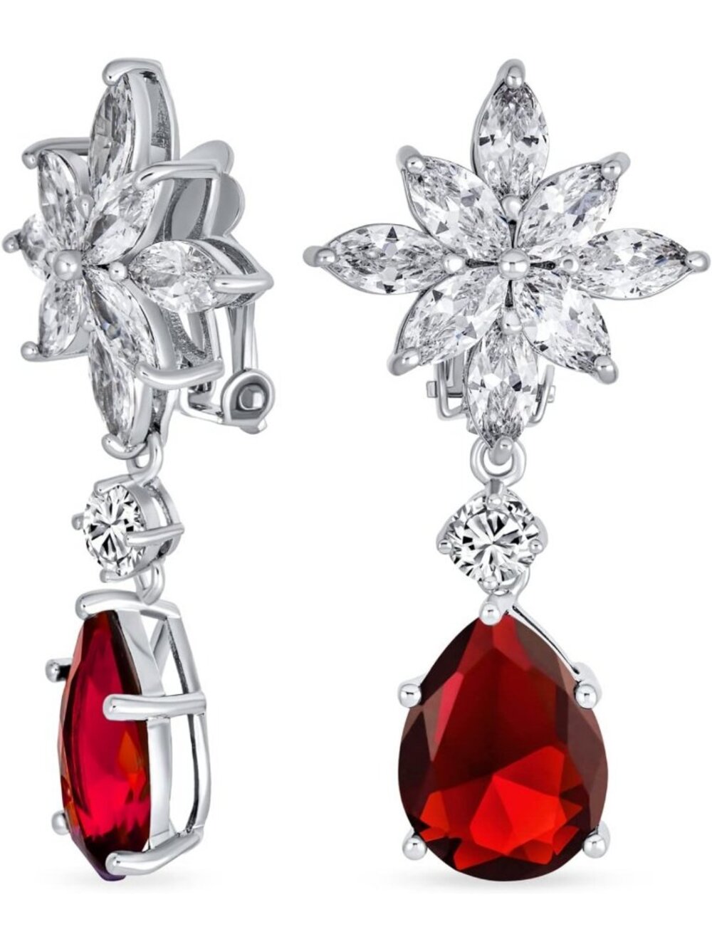 Floral Cluster CZ Dangle Teardrop Chandelier Earrings - Clip-On Style, Elegant